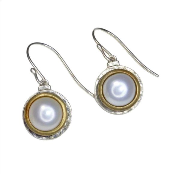 SILPADA Sterling Silver Pearl Drop Earrings with Hammered Brass Accent Two Tone - Picture 4 of 5